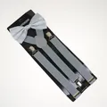 Close-up of light gray elastic suspenders with metal clips and a matching satin bow tie - Adult Double Layer Bow Tie (01K) / Medium Grey