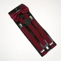 Detail of burgundy bowtie and elastic Y-back suspenders with silver metal clips on card - Adult Double Layer Bow Tie (01L) / Burgundy