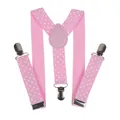 Detail view of pink polka dot Y-back suspenders with elastic straps and silver metal clips - Kids / 60CM / Pink Polka Dots