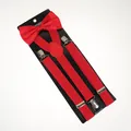 Macro shot of red satin bowtie and elastic suspenders set with silver metal clips - Adult Double Layer Bow Tie / Red