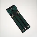 Detail of dark green suspenders and bowtie set with silver clips on black backing - Adult Double Layer Bow Tie (01U) / Dark Green