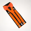 Detail view of vibrant orange bow tie and elastic suspenders set with silver metal clips - Adult Double Layer Bow Tie / Orange