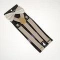 Detail view of champagne bow tie and Y-back elastic suspenders with silver metal clips - Adult Double Layer Bow Tie / Beige