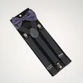 Detail of navy blue elastic suspenders with metal clips and a matching satin bowtie set - Adult Double Layer Bow Tie / Dark Gray