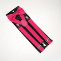 Detail of hot pink elastic suspenders and bowtie set with silver metal clips on a card - Adult Double Layer Bow Tie / Rose Red