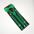 Detail view of emerald green elastic suspenders and matching bowtie set on packaging - Adult Double Layer Bow Tie / Grass Green