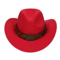 Roter Western Cowboyhut aus Wollfilz mit Vintage-Büffelschnalle und Lederbanddekor - Rot / Erwachsenengröße