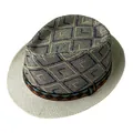 Heren retro strohoed met blauw ruitpatroon en kleurrijke etnische geweven band - M / Blauw