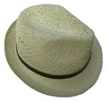 Close-up of cream straw fedora hat featuring breathable hollow weaving and brown strap - M(56-58cm) / White