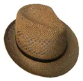 Detail of woven straw fedora hat featuring breathable hollow patterns and leather band - M(56-58cm) / Khaki