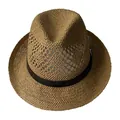Detail of breathable hollow-weave straw jazz hat with black leather buckle and ribbon - M (56-58cm) / Brown