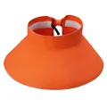 Detail of orange woven straw sun visor with large brim and decorative back bow - Adult / Orange