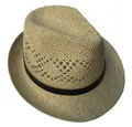 Close-up of woven straw fedora hat with coffee brown ribbon and indented crown - M(56-58cm) / Beige
