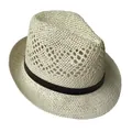 Classic cream woven straw fedora hat with black band and breathable mesh design - M (56-58cm) / White