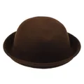 Detail shot of the dark brown wool felt bowler hat with a rounded crown and rolled brim - M / Coffee
