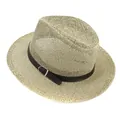 Panama straw sun hat for travel featuring a woven texture and brown leather band - M / Khaki
