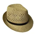 Detail of breathable hollow-weave straw fedora with black decorative ribbon band - M (56-58cm) / Khaki