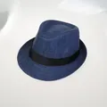 Chapeau fedora en paille bleu foncé pour hommes avec ruban noir et texture tressée - Kids (54-56cm) / Bleu Marine
