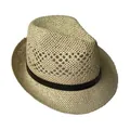 Detail of breathable hollow weave and black ribbon on a classic straw fedora sun hat - M (56-58cm) / Beige