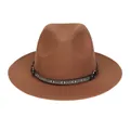 Classic brown wool jazz fedora hat with ethnic patterned band and decorative metal buckle - One Size / Khaki