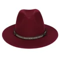 Classic wine red fedora hat with ethnic patterned band and decorative metal studs - One Size / Burgundy