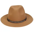 Khaki wool jazz fedora hat with ethnic pattern band and metallic ring detail - One Size / Camel