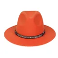 Orange British style wide brim wool felt jazz hat with ethnic pattern band and metal ring - 56-58cm / Orange