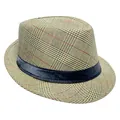 Klassieke beige geruite fedora hoed voor heren met ademende stof en zwarte sierband - M (56-58cm) / Geel