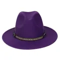 Deep purple fedora hat with ethnic geometric patterned band and wide wool felt brim - 56-58cm / Purple