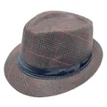 Detail van grijze geruite fedora hoed voor heren met zwart lint en vintage Britse uitstraling - M (56-58cm) / koffiekleur