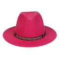 Magenta wool felt fedora hat featuring a bohemian patterned band with metal buckle - 56-58cm / Rose Red