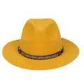 British style bright yellow wool fedora hat with ethnic woven band and metal ring - 56-58cm / Yellow