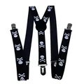 Detail of Y-back suspenders with white skull prints and durable silver metal clips - Black Skull (3)