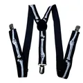 Macro shot of Gothic Y-back suspenders with white skeleton print and metal clips - Black Bone (4)