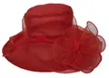 Detail van rode organza zonnehoed met grote handgemaakte bloem en golvende brede rand - L / Rood