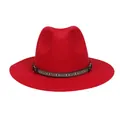 British style wool jazz hat in bright red with ethnic pattern band and black leather trim - 56-58cm / Red
