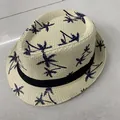 Cappello Panama in paglia beige con motivi di palme blu scuro e nastro decorativo nero - Taglia Adulto M (56-58cm) / Beige Albero di Cocco