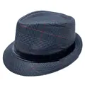 Detailed macro view of grey plaid fedora hat with red stripes and black satin ribbon band - M (56-58cm) / Dark Gray