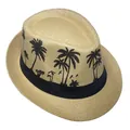 Cappello fedora in paglia naturale con stampe di palme nere e nastro decorativo - Taglia Adulto M (56-58cm) / Marrone Albero di Cocco