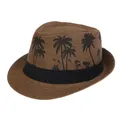 Cappello Fedora marrone intrecciato con stampe di palme nere e nastro decorativo - Taglia Adulto M (56-58cm) / Caffè Albero di Cocco