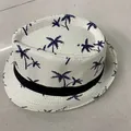 Cappello di paglia Panama beige chiaro con stampe di palme blu e nastro nero - Taglia Adulto M (56-58cm) / Beige Albero di Cocco