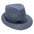 Detail van grijsblauwe geruite fedora hoed met oranje strepen en een zwarte satijnen band - M (56-58cm) / Zwart
