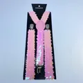 Macro view of pink sequin Y-back suspenders with silver metal clips on card - Pink Sequin (9)