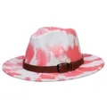 Dettaglio del cappello fedora tie-dye rosa con cinturino in pelle marrone scuro e fibbia - 56-58cm / Stile Cintura Tie-Dye Rosso Bianco / Rosso + Bianco Tie-Dye