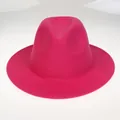 Top view of fuchsia wool felt fedora featuring a pinched crown and wide stitched brim - M (56-58cm) / Rose Red