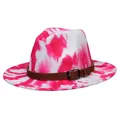 Close-up of pink tie-dye fedora felt hat featuring a brown faux leather buckle band - 56-58cm / Rose White Tie-Dye Belt Style / Rose Red + White Tie-Dye