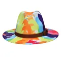 Detailed close-up of colorful tie-dye fedora hat with brown leather belt and buckle - 56-58cm / Rainbow Graffiti Belt Style / Colorful Abstract Graffiti