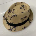 Ανοιχτό καφέ ψάθινο καπέλο fedora με μαύρα τυπώματα καρύδας και διακοσμητική κορδέλα - Μέγεθος Ενηλίκων M (56-58cm) / Χακί Κοκοφοίνικας