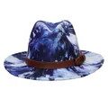 Detailed texture of blue and white tie-dye wool fedora hat with leather band and buckle - 56-58cm / Blue Tie-Dye Belt Style / Tie Dye Blue