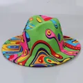 Detailed close-up of a vibrant tie-dye fedora hat with psychedelic neon green swirls - Peacock Feathers